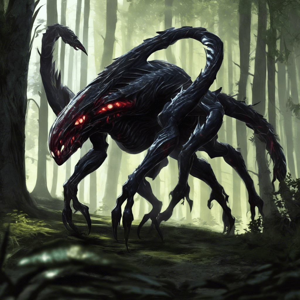 The Xenon Shadow is a stealthy alien creature with shimmering scales that blend perfectly with the shadows of Zypheron's dense forests. Its eyes glow a piercing red, giving away its predatory nature. Its long, razor-sharp claws and ability to phase in and out of visibility make it a formidable foe.