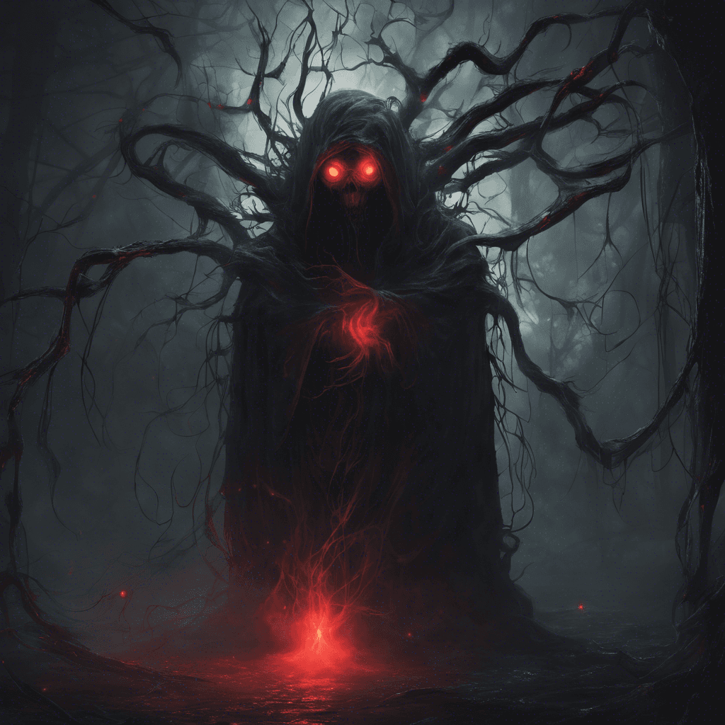 A shadowy figure with glowing red eyes and wispy tendrils extending from its ghostly form. It emits an unnerving aura of coldness and malevolence, and whispers eerie incantations that chill the soul.