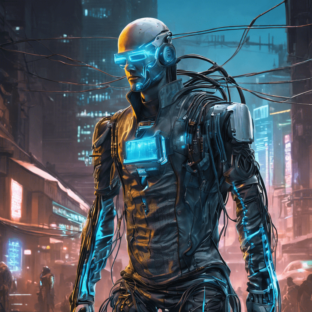 The Cortex Hacker is a cybernetically-enhanced individual with a sleek, metallic exoskeleton that covers their entire body. Their eyes glow with a neon blue hue, indicating their connection to the digital world. Wires and cables protrude from their back, linking them directly to the city's network infrastructure. They move with an almost robotic precision, their movements calculated and efficient.