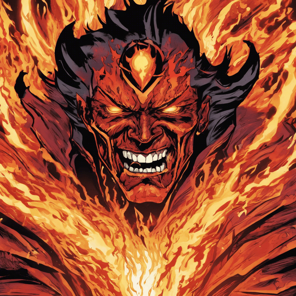 Inferno is a menacing figure wreathed in flames, his eyes glowing with an intense fiery light. He exudes heat and power, leaving a trail of scorch marks in his wake. His very presence is enough to make the air shimmer and distort from the intense heat radiating off his body.