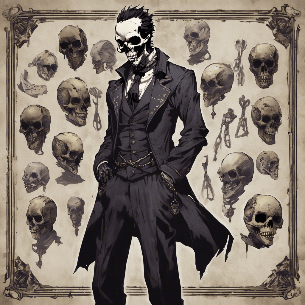 A gaunt figure draped in a tattered Victorian suit, its skeletal face half-hidden behind a rotten leather mask. Phantom chains clink with each step, and its bony fingers clutch a ledger thick with the names of the damned.