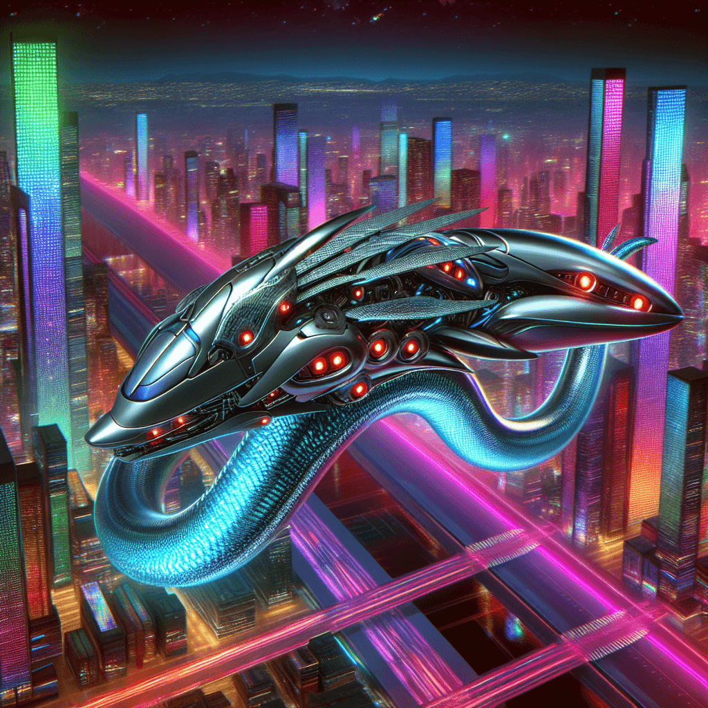 A sleek, mechanical serpent with shimmering scales that reflect the neon lights of Neon Prime. Its eyes are glowing red sensors, and it has sharp, aerodynamic fins along its sides, allowing swift movement through the air.