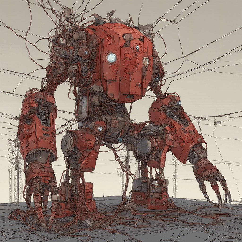 A looming figure, the Cybernetic Sentinel is a patchwork of rusted metal plates and pulsating circuitry. It has red, scanning eyes and arms that morph into a variety of tools and weapons. The network guardian hovers ominously, with various cables and wires trailing from its chassis like tentacles.