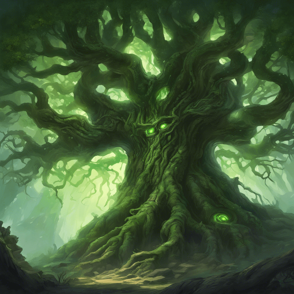 A colossal, ancient tree with twisted and gnarled limbs, eyes that glow with a baleful green light, and a mouth that opens in its knotted trunk to unleash earthen spells.