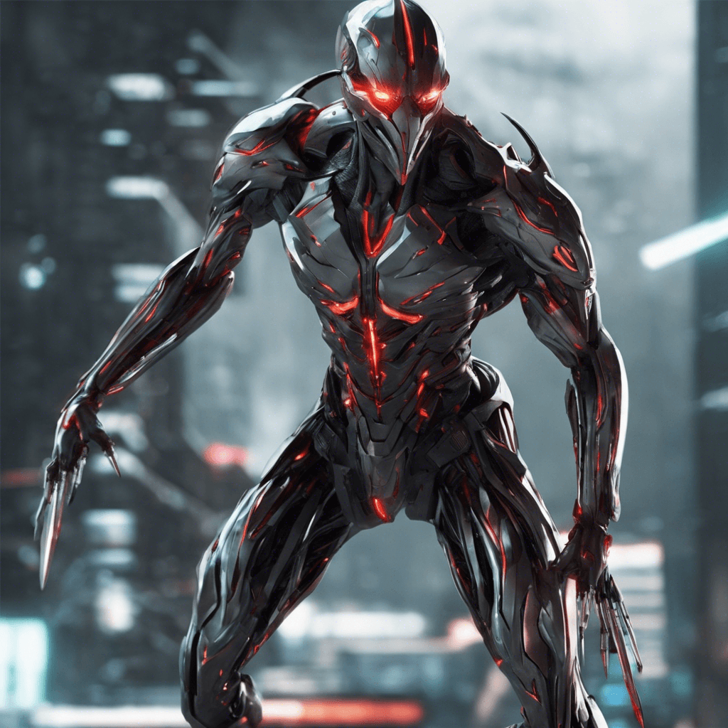 The assassin has a sleek chrome body, glowing red ocular implants, and articulated limbs with integrated blades. It moves with deadly speed, wires and hydraulic muscles visible beneath its synthetic skin.