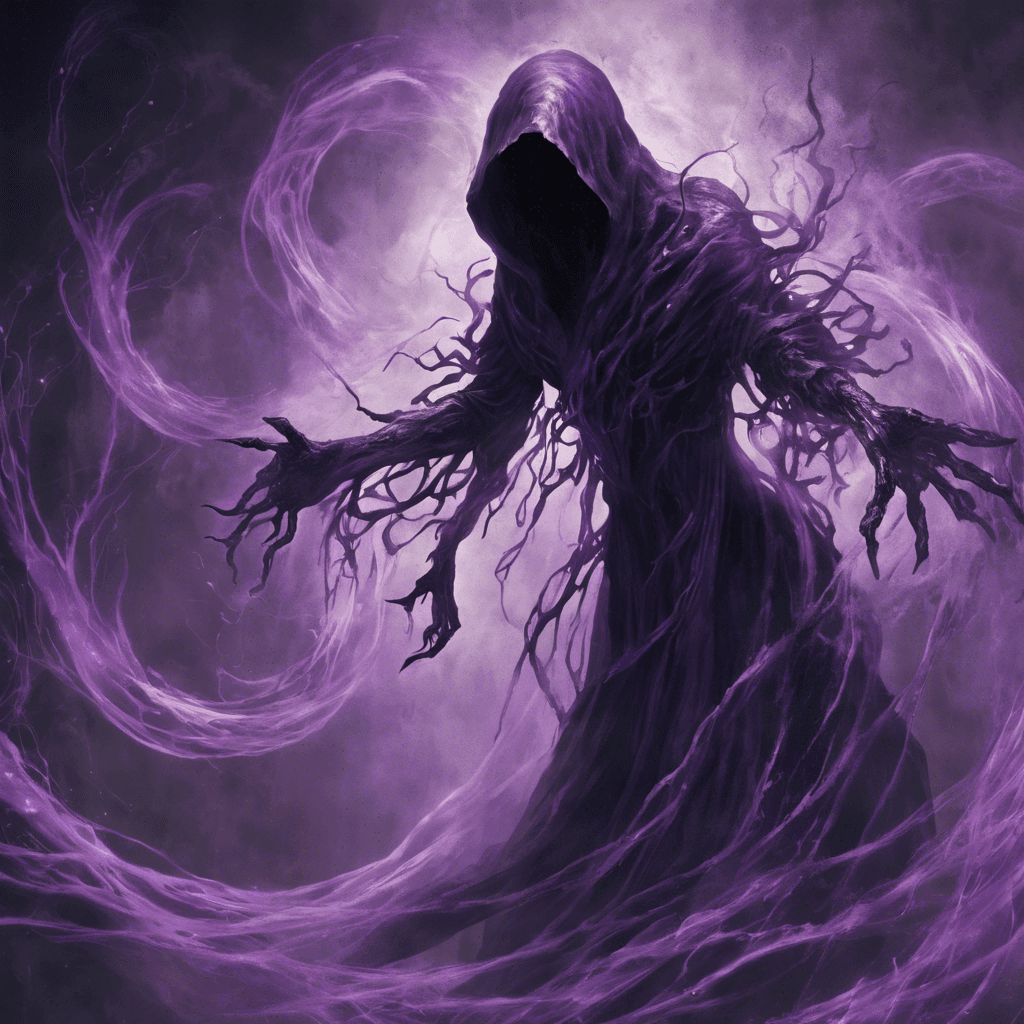 The Voidwalker is a shadowy entity that appears to be a distorted humanoid figure with tendrils of darkness swirling around its form. Its eyes glow with an eerie purple light, and its movements are unsettlingly swift and silent.