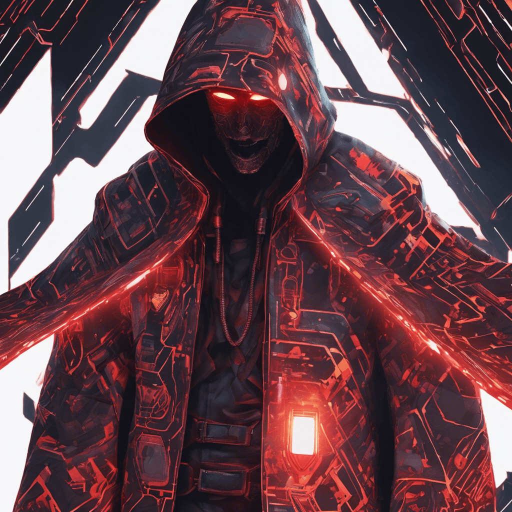 A menacing figure in a patchwork cloak of shifting digital patterns with a glowing, sinister smile radiating from beneath a hood, his eyes obscured by cybernetic visors emitting red light.