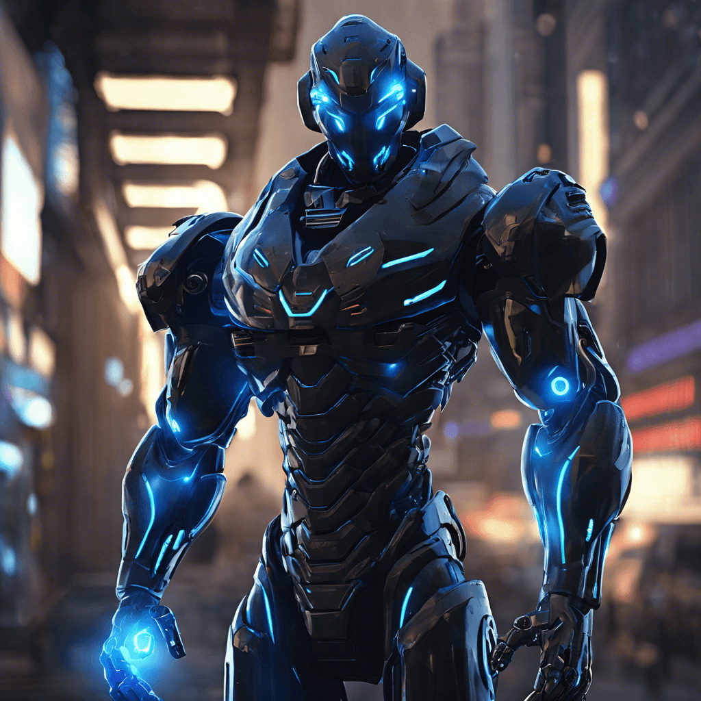 The Cyber Sentinel is a heavily augmented humanoid, covered in sleek black armor with glowing blue cybernetic implants embedded throughout its body. It moves with precision and speed, weapons ready to defend against any intruders.