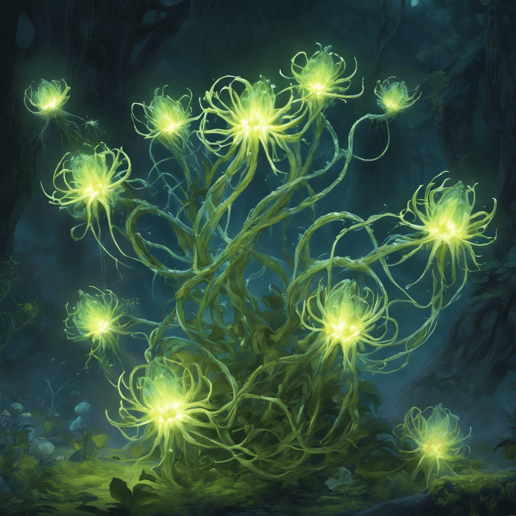 A creature resembling a mass of intertwined vines, sprouting multiple glowing flower heads that release a shimmering mist. Each flower head has razor-sharp petals, and the creature's core pulses with a bioluminescent glow.