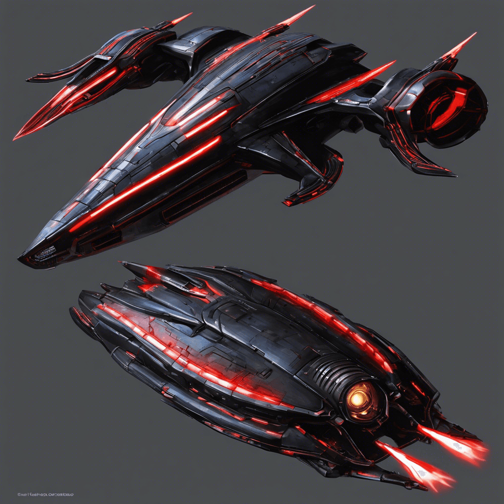 The Xenon Interceptor is a sleek, advanced spaceship piloted by a ruthless alien crew. Its hull is coated in a shimmering black metal, with glowing red accents that give it a menacing appearance. The cockpit houses alien beings with sharp tentacles for hands and glowing eyes that pierce through the darkness of space.