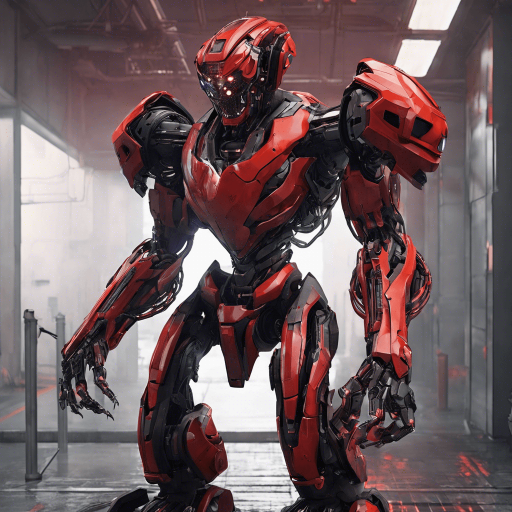 A towering robotic figure with an outer shell of dark, reflective metal. Its red optical sensors glow menacingly, and it wields an arm that can morph into various weapons. Exposed cables twist and pulse with energy around its joints, and it stands poised for combat.