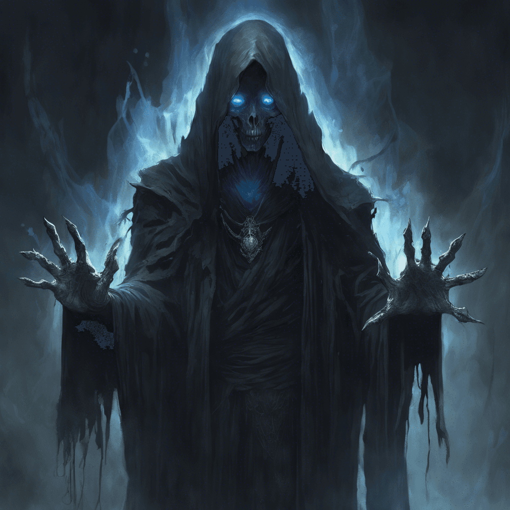 A ghostly figure, shrouded in tattered black robes. Its eyes glow with an unnatural blue light, and its hands end in elongated fingers tipped with sharp spectral claws.