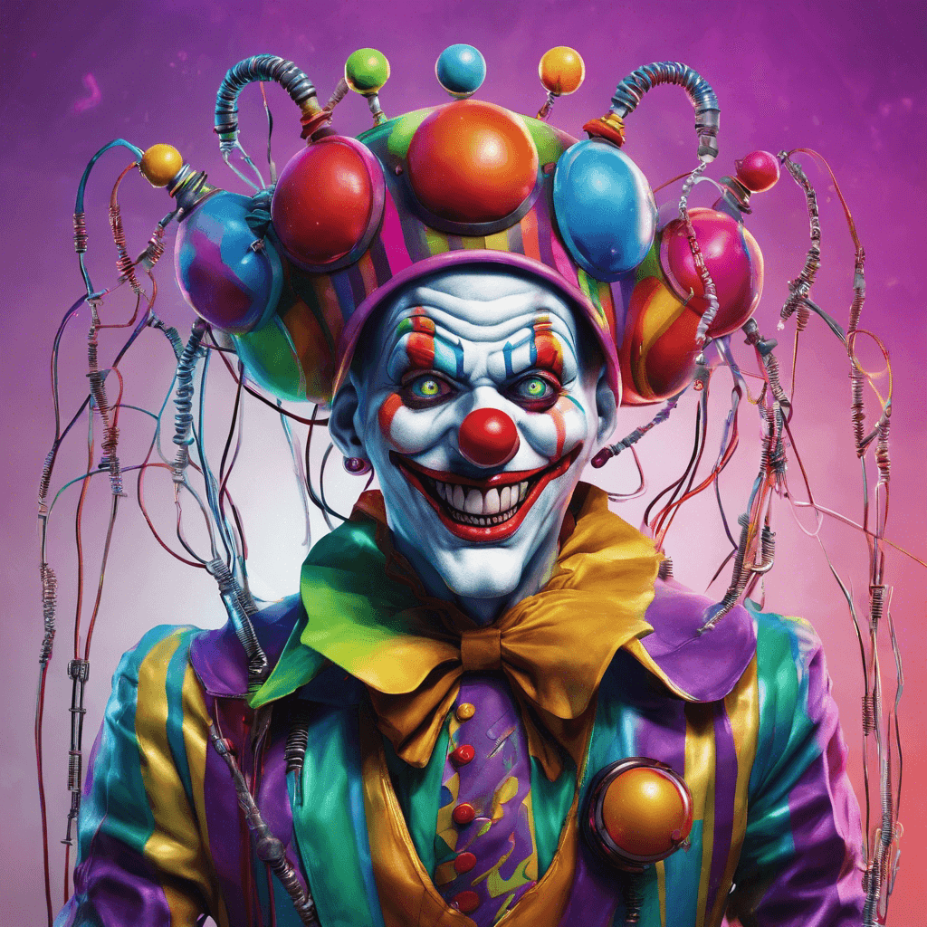 A sinister cybernetic clown with a metallic face painted with vibrant colors. Wires and tubes are twisted into what resembles a jester's cap, and its hands are equipped with a variety of dangerous gadgets including a Jack In The Box with digital teeth.