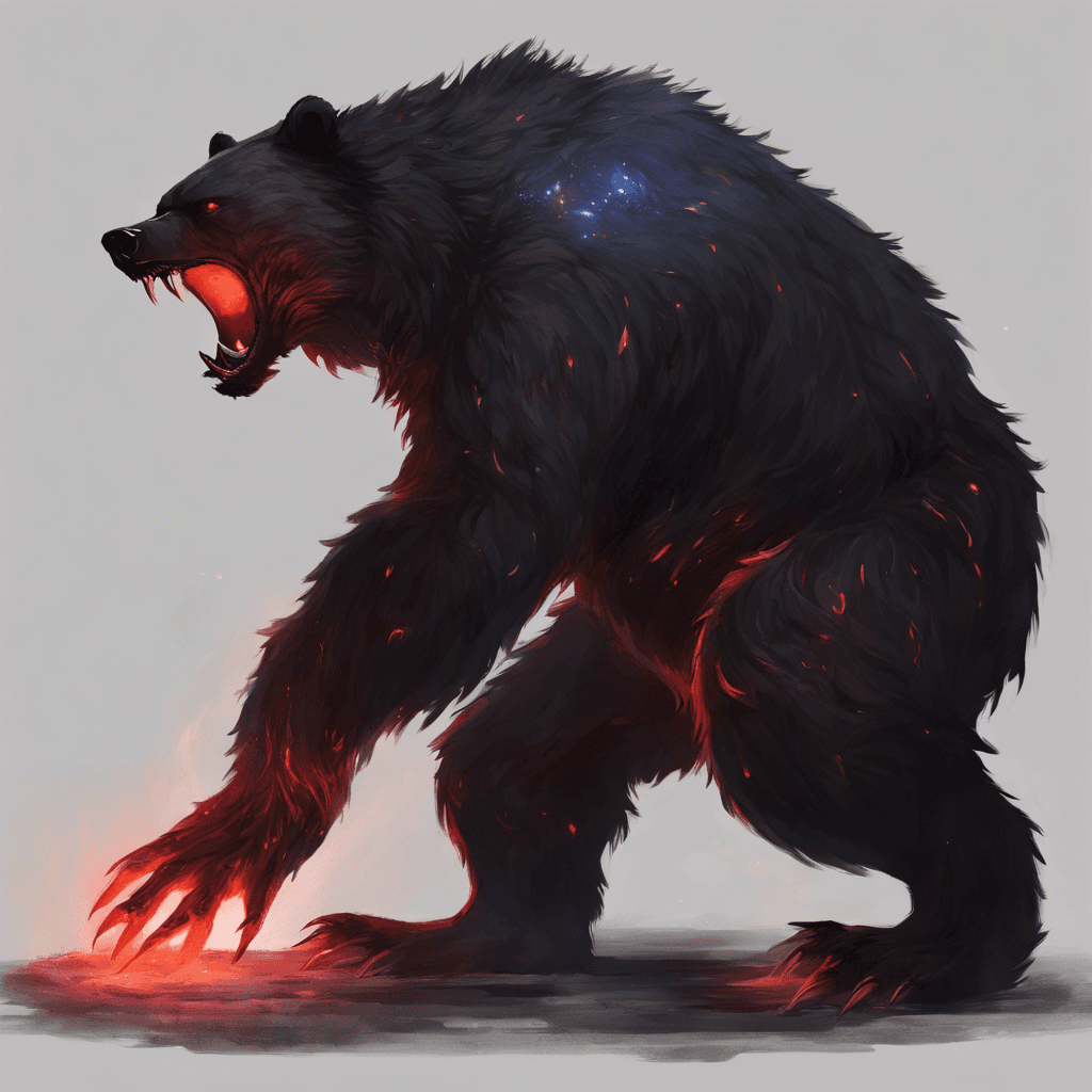 A towering bear-like creature with shadowy fur and eyes glowing red like embers, sporting elongated claws of obsidian that shimmer with a mystical light.