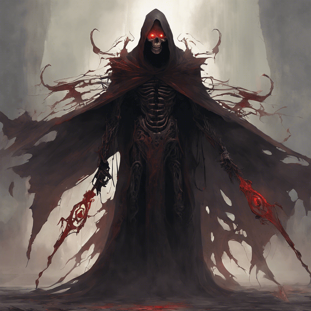 A towering figure shrouded in a tattered cloak emitting a soft, ominous glow. Its face is hidden beneath a skull-like mask with crimson eyes piercing through the shadow. Its arms are mechanical scythes, humming with an eerie energy and its movements are eerily silent, adding to its ghost-like presence.