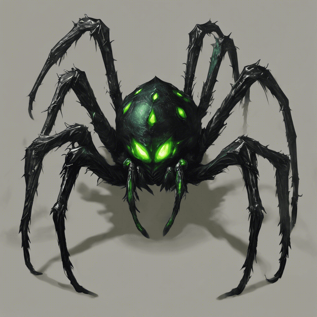 A colossal spider with obsidian black carapace, its eight eyes reflect a malevolent green glow. Razor-sharp mandibles click together as poisonous ichor drips from its fangs.