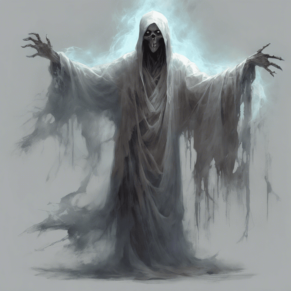 A ghostly figure with a gaunt, translucent face and hollow eyes, clad in tattered robes that billow as if caught in an ethereal wind. Its hands are outstretched with fingers ending in sharp, ethereal claws.