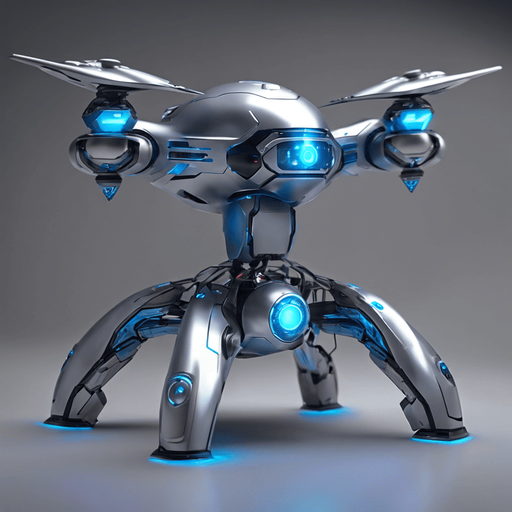 The Nebula Drone is a sleek, silver robotic entity with glowing blue accents, equipped with advanced scanning sensors and precision targeting systems. It hovers silently in the void of space, ready to defend its territory with deadly accuracy.