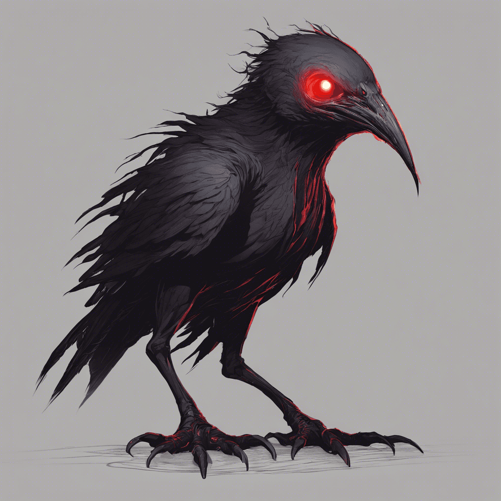 A ghastly bird-like creature with feathers as black as the void, glowing red eyes, and razor-sharp talons. It seems to absorb the light around it, casting an aura of darkness.