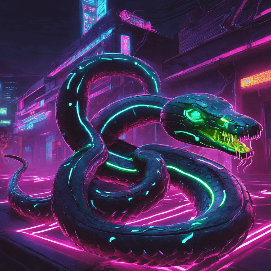 The Cyber Serpent is a sleek, metallic snake-like creature with glowing neon circuits running along its body. Its sharp fangs drip with digital venom, ready to strike at any intruder in the neon-splattered alleys of the digital dystopia.