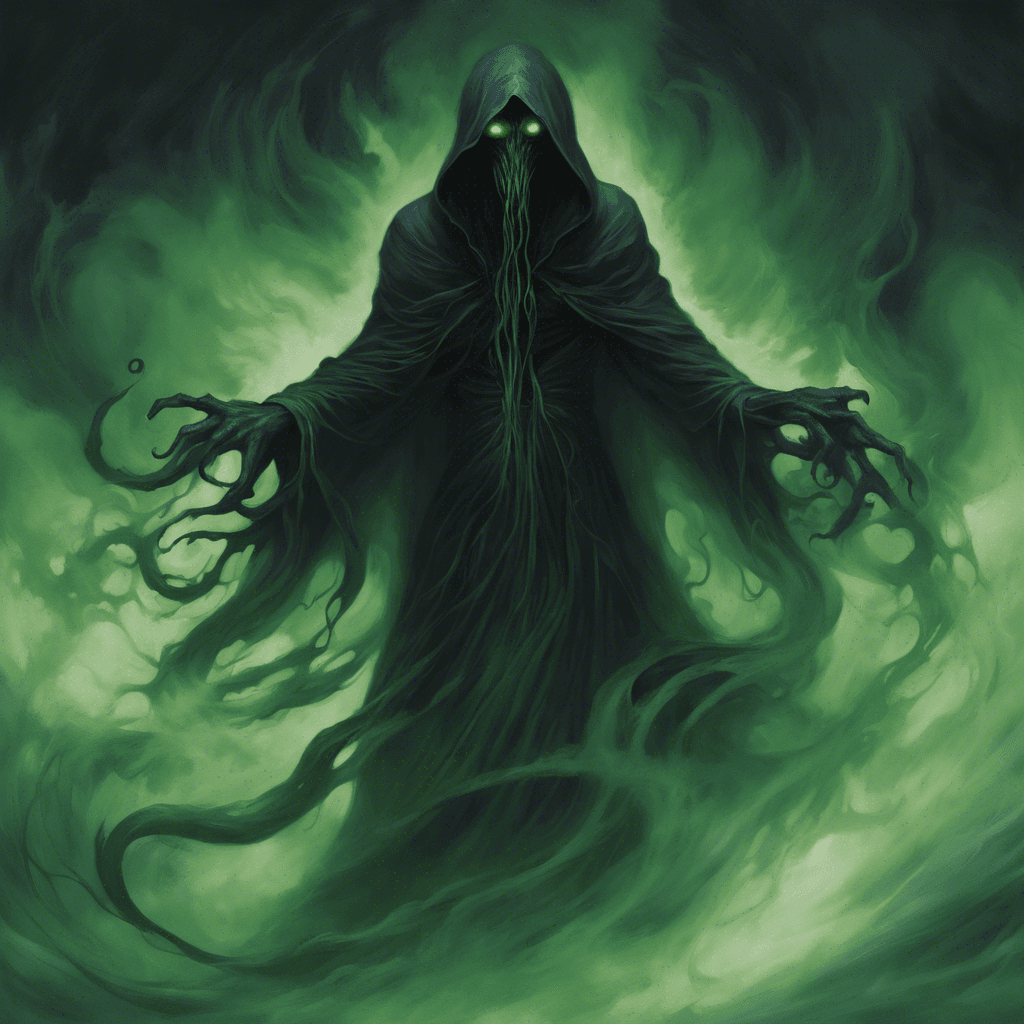 A swirling mass of darkness, the Shade of the Eldritch is a ghostly figure with no definite form. It is as if the shadows themselves came alive, with faint, eerie green eyes glowing within the mist and clinging tendrils of spectral smoke that seek out warmth to extinguish.