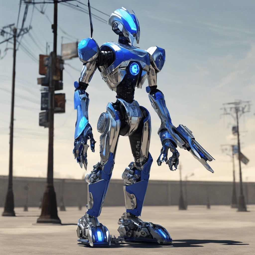 A towering enforcement automaton, sleek and menacing, its chassis glistening with a reflective silver finish. Glowing blue visor flickers with analytical malice, while hydraulic limbs thrum with potential violence, equipped with monomolecular blades and riot control gadgets.