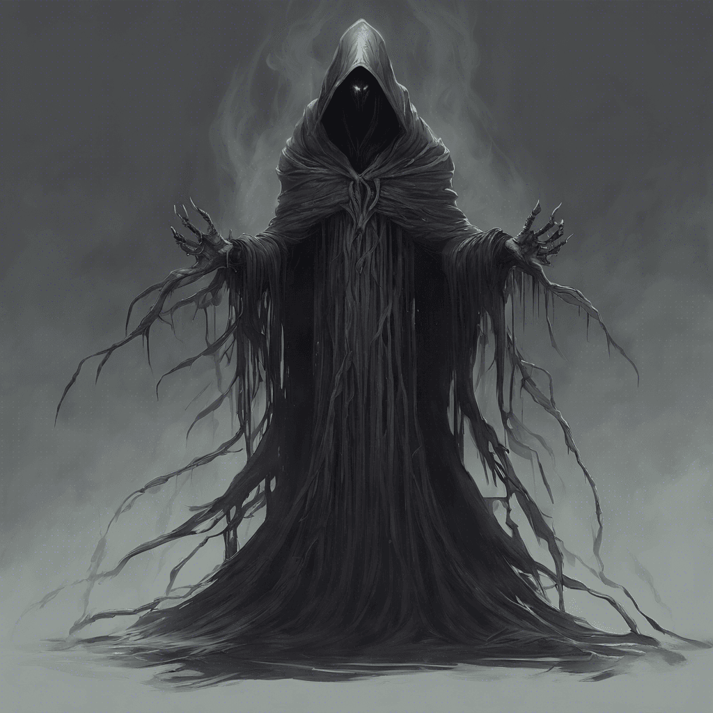 A tall, wraithlike entity with smoky tendrils for arms and a face hidden within a hood of darkness, exuding an aura of cold dread.