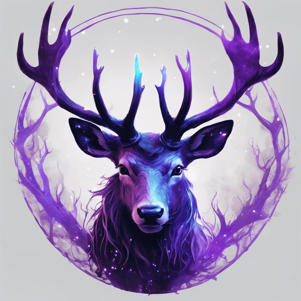 An ethereal stag with a coat as dark as the void, eyes glowing with purple bioluminescence, and antlers that bristle with arcane energy.