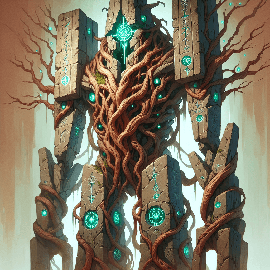 A towering construct of vines and ancient stone, with glowing runes etched across its body. It has piercing green luminescent eyes and limbs that resemble the gnarled branches of age-old trees.