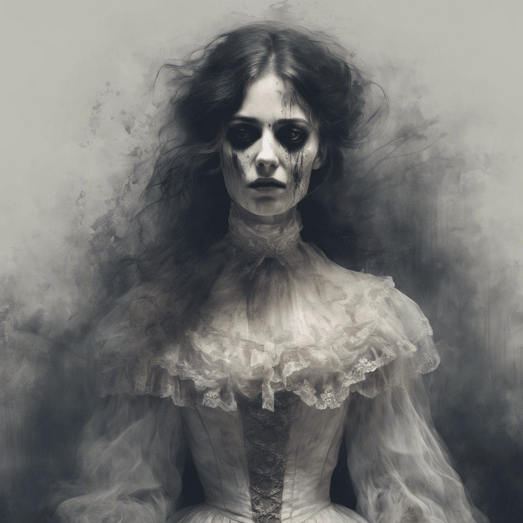 A ghostly apparition of a woman, transparent and shimmering, in a tattered Victorian dress. Her face is hollow with dark, abyssal eyes and a silent scream, her movements jerk and flicker as if she's caught between worlds.