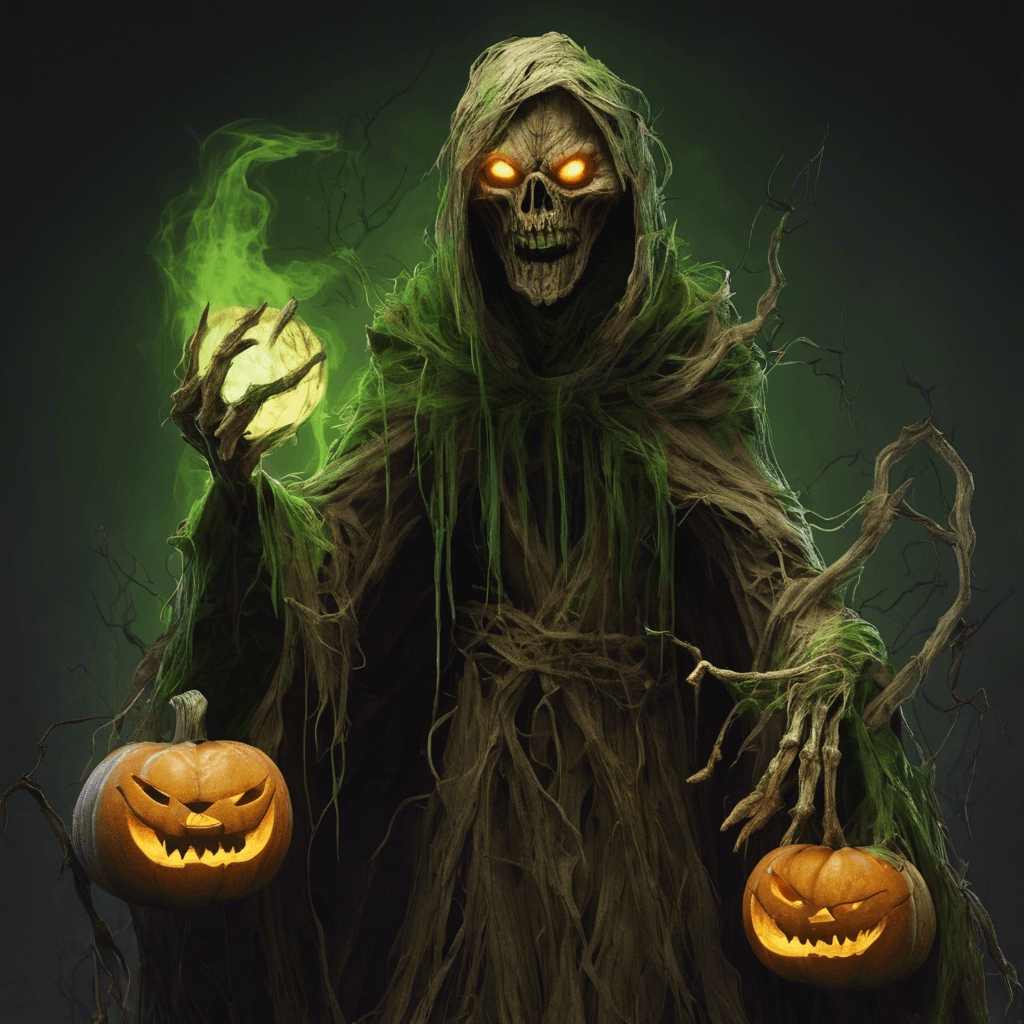 A sinister figure with a pumpkin head and tattered robes, limbs made of gnarled wood and straw, eyes glowing with a haunting green flame.