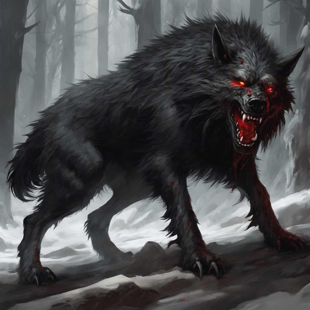 A massive warg with matted black fur and glinting red eyes. Its fangs are bared menacingly, dripping with venomous saliva. Its claws dig into the ground, poised to strike.