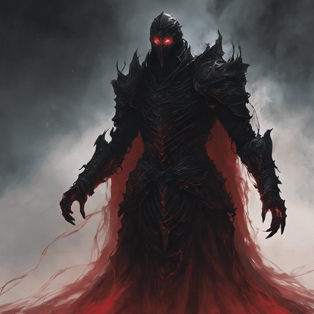 A towering figure, clad in armor darker than the deepest night, with eyes that glow a baleful red. Wisps of shadowy mist trail from its form, and its movements create an eerie echo, almost like whispers.