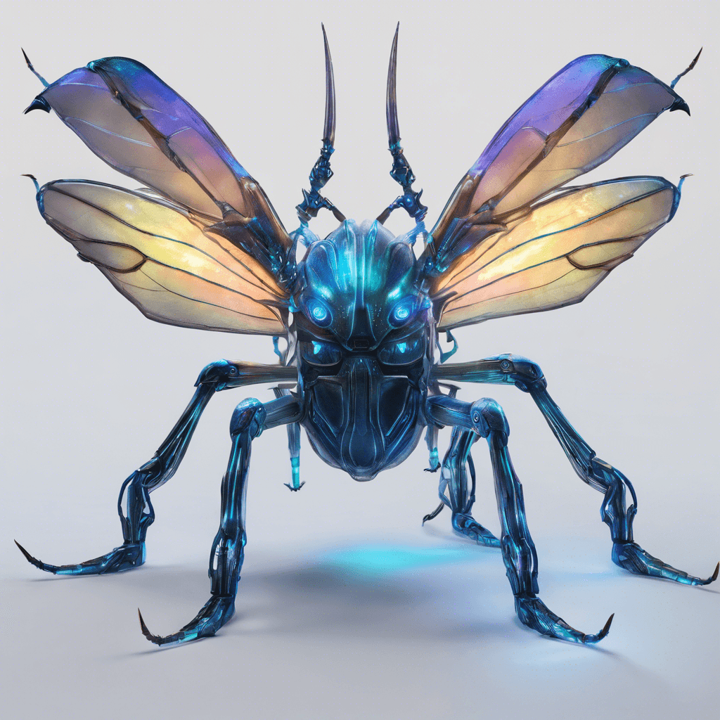 A large, beetle-like creature with iridescent chitin and menacing pincers. It has glowing blue lines running across its body, hinting at some form of bio-electric energy that it can harness. Four powerful legs and two large, translucent wings folded on its back, ready to unfold for flight.