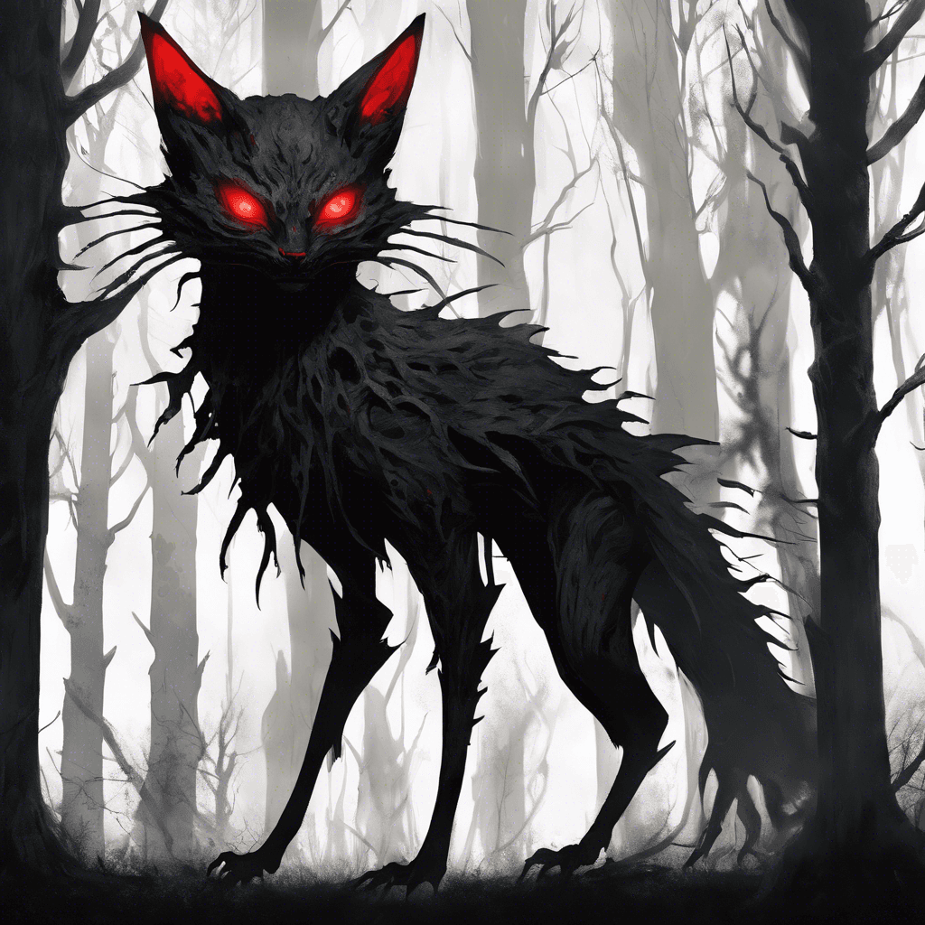 A formless shadow with piercing red eyes and long, ethereal claws that seem to absorb the very light around them. It moves with an unnatural silence, blending with the darkness of the woods.