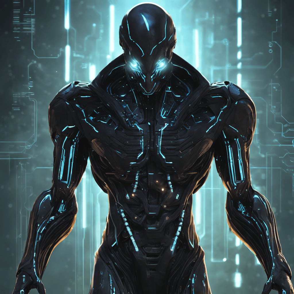 A sleek, humanoid figure cloaked in shadow with glowing cybernetic implants running across its body. Its eyes flicker with lines of code as it moves with inhuman precision, ready to defend the secrets of Z-Tech.