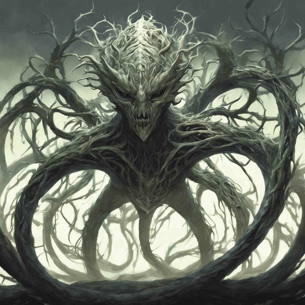 A sinuous creature made of twisting vines and thorns, its eyes glowing with a pale, eldritch light. Razor-sharp leaves adorn its body, undulating as if in an unnatural breeze. It towers over a human in size and moves with a predatory grace.