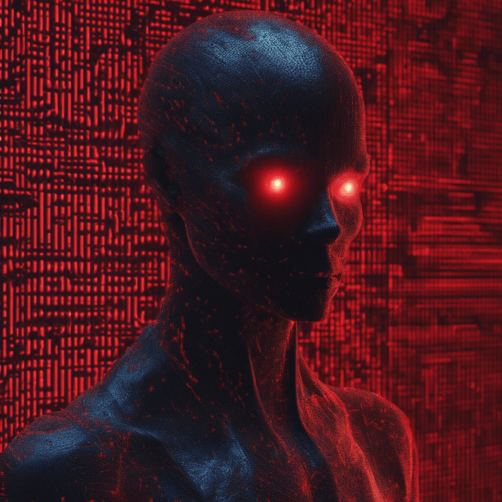 A humanoid silhouette cloaked in a digital mirage, flickering with static interference. It has glowing red eyes that pierce through the visual noise, hinting at a dangerous AI consciousness.