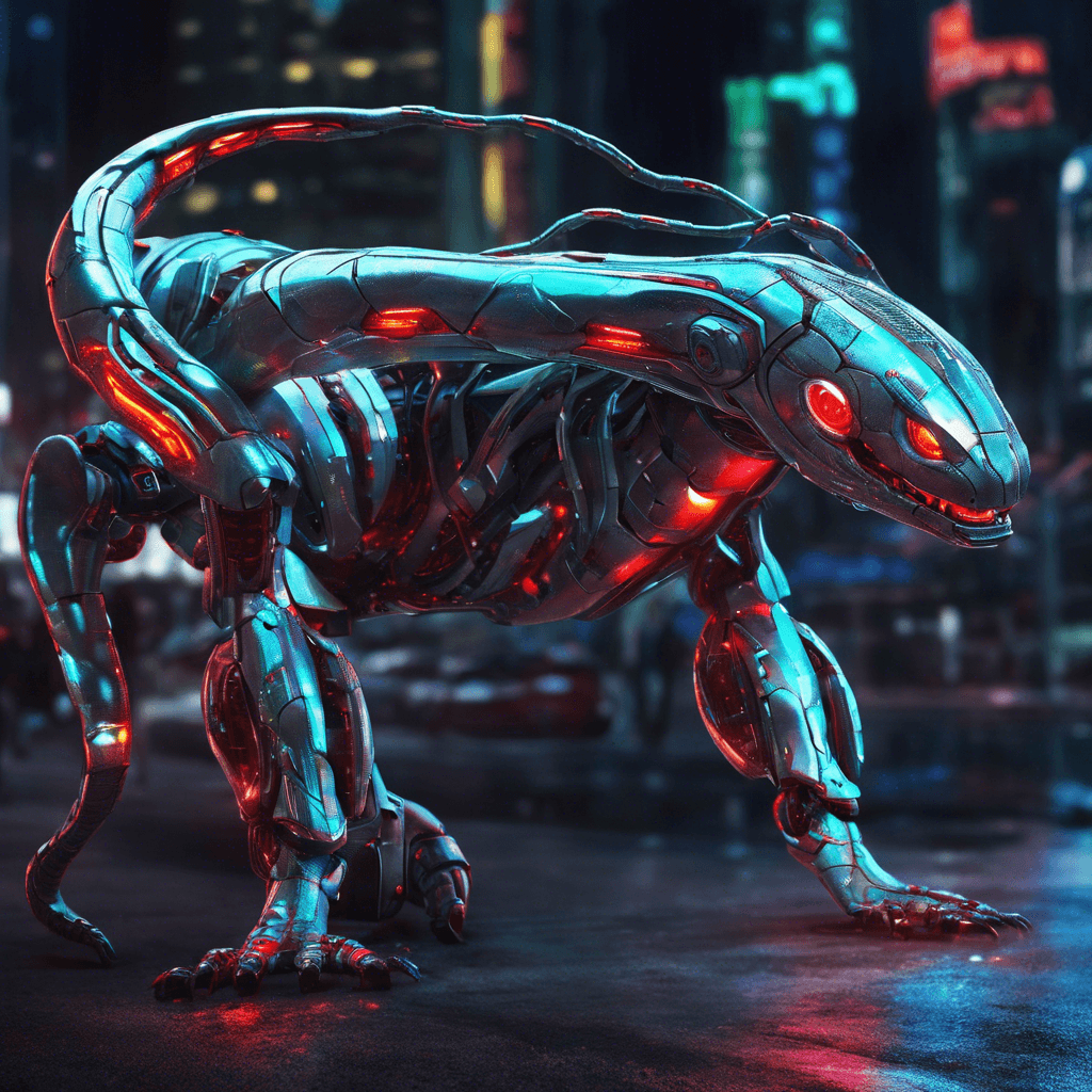 The Cyber Serpent is a sleek and sinuous robotic creature, its metallic scales gleaming in the neon lights of the city. It moves with a predatory grace, its glowing red eyes scanning the environment for any intruders. Its long, segmented body allows it to slither through tight spaces and strike with lightning speed.