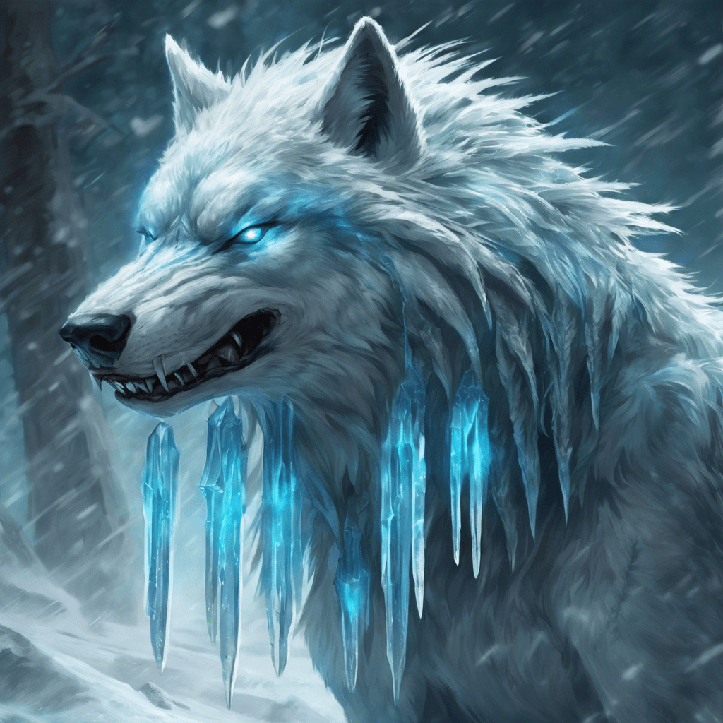 A massive wolf-like creature with icy blue fur that seems to radiate a chilling aura, sharp icicles hanging from its snarling maw, and eyes glowing with a cold, predatory light.