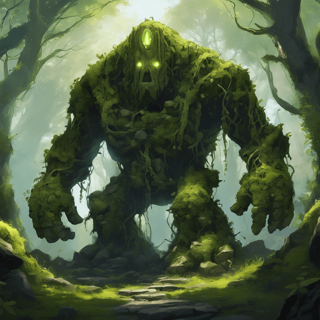 A towering stone golem emerges, its body covered in moss and vines, with glowing runes etched into its rocky limbs. Its eyes shine with an ancient power as it steps forward, the ground shaking with each of its movements.