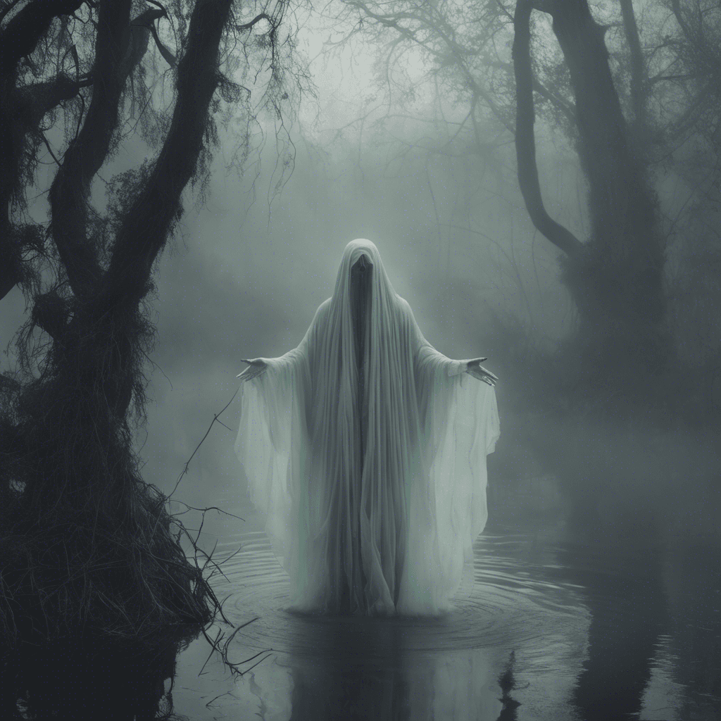 A translucent, ghostly figure rising from the swamp mists, with flowing robes that seem to blend with the surrounding fog. Luminous, soul-piercing eyes with no discernible body underneath the draped ectoplasm.