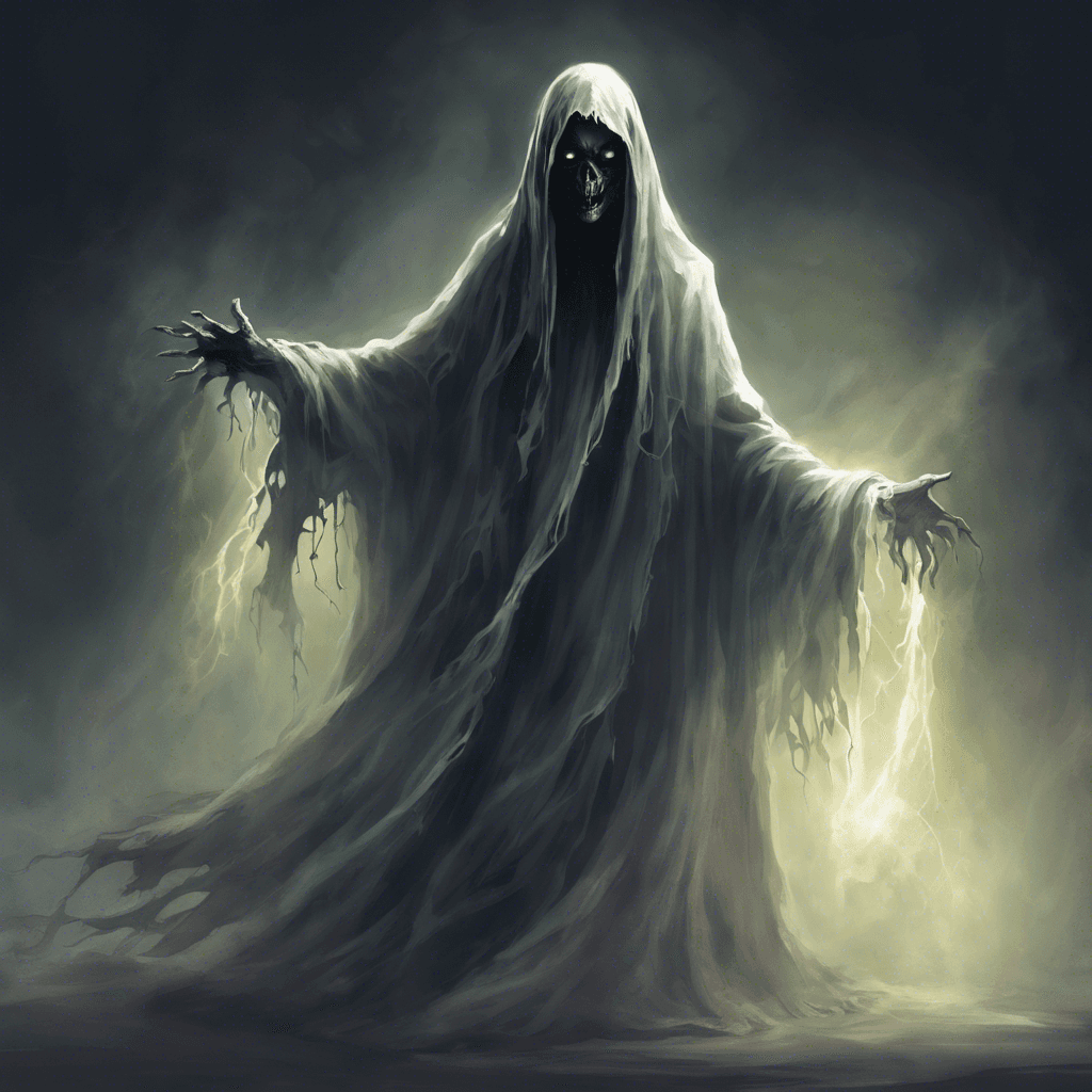 The Haunting Specter is a ghostly figure with tattered, flowing robes that seem to blend into the shadows. Its eyes glow with a menacing light, and its ethereal form sends shivers down your spine.