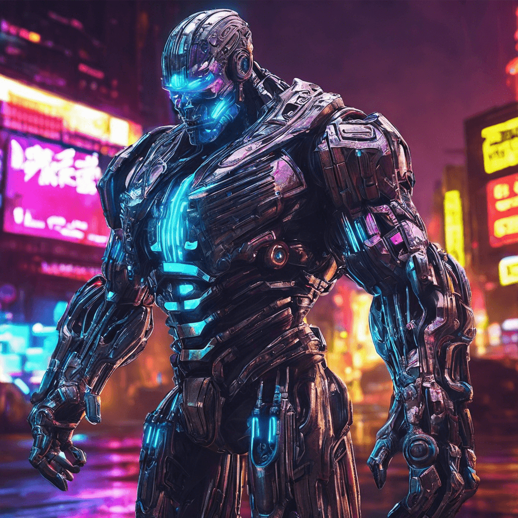 The Cybernetic Enforcer is a hulking humanoid figure covered in gleaming metal plating, with neon lights pulsating beneath the surface. Its eyes glow with a cold, artificial light, and its mechanical limbs whir with deadly precision. This heavily augmented enforcer is designed to crush any opposition with ruthless efficiency.