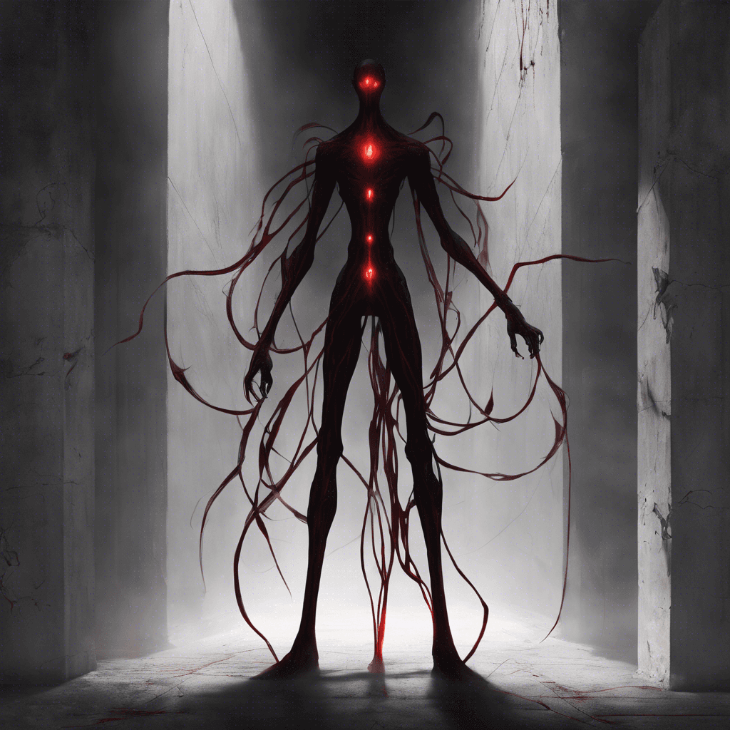 A tall, slender humanoid shape that seems to be made entirely of darkness. Its eyes are two glowing points of crimson light, and tendrils of shadow writhe around its form. It moves silently, blending into the shadows, making it hard to discern any concrete features.