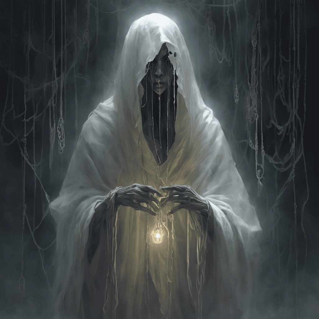 A translucent figure robed in tattered linens, its eyes hollow and glowing with a baleful light. Ethereal chains rattle as it hovers above the ground, a sinister aura emanating from its form.