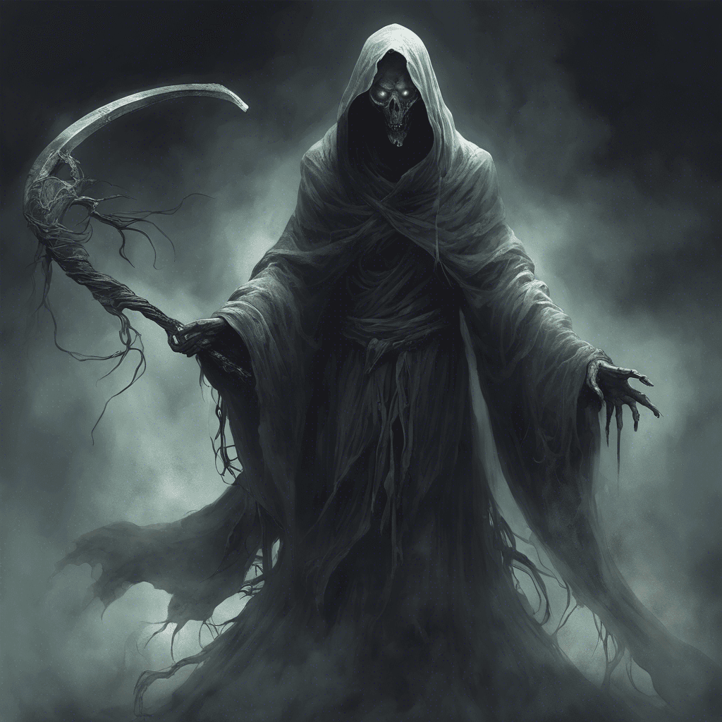 A ghostly figure shrouded in tattered robes, with glowing eyes piercing through the darkness. Its incorporeal form glides silently, trailing tendrils of fog that seem to whisper with the voices of a thousand damned souls. It wields a scythe, ethereal yet sharp enough to cleave spirit from flesh.