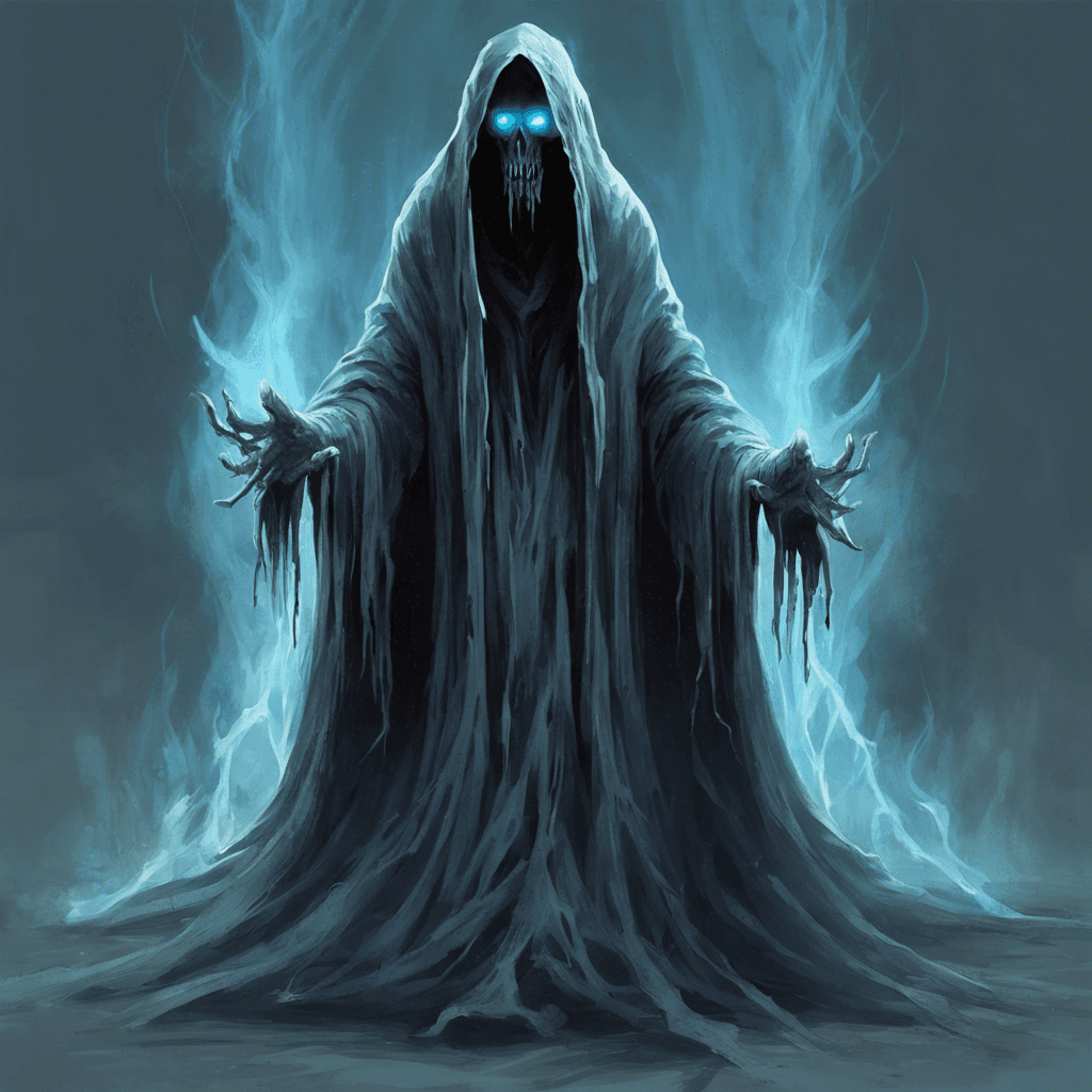 The Spectral Wraith is a ghostly figure cloaked in tattered robes, with hollow eyes that emanate a chilling blue light. Its presence sends shivers down your spine, and you can feel the temperature drop as it draws near.