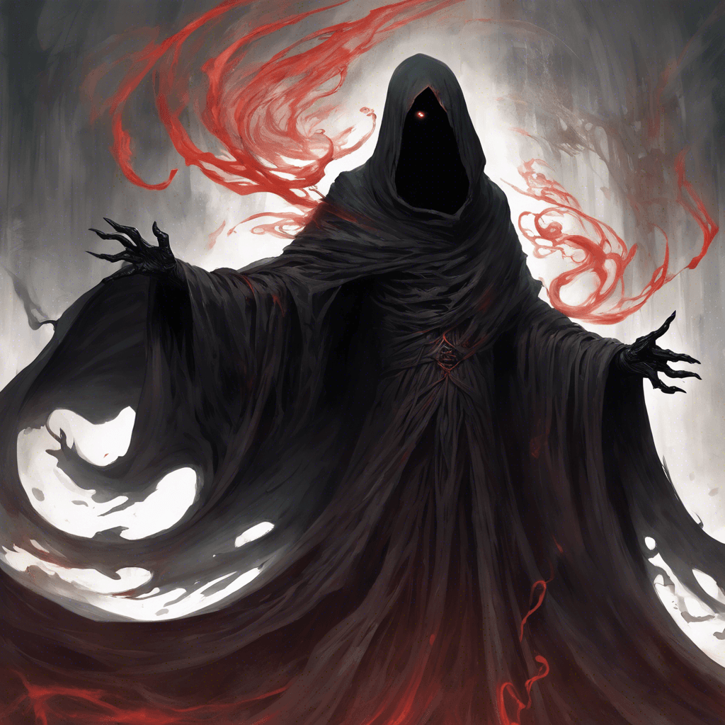 A swirling mass of darkness, the Shadow Wraith appears as a floating, tattered cloak with no body underneath. Its eyes glow red from the shadows that make up its form, and cold, ghostly tendrils extend from its sleeves.