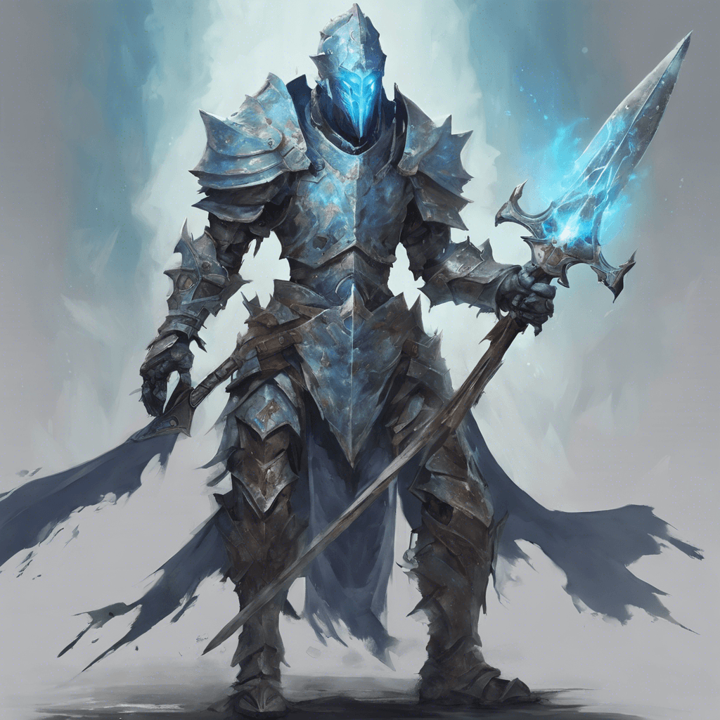 A towering specter clad in ancient, tattered armor, its visage shrouded by a corroded helmet. Pale blue flames flicker from the gaps in the armor. Its hands clutch a spectral halberd.